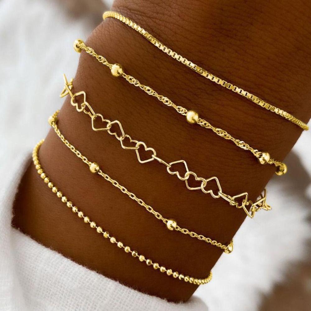 5pcs Retro Alloy Bead Bracelet Set Multilayer Bracelet Set New Box Chain Simple Fashion Bracelet