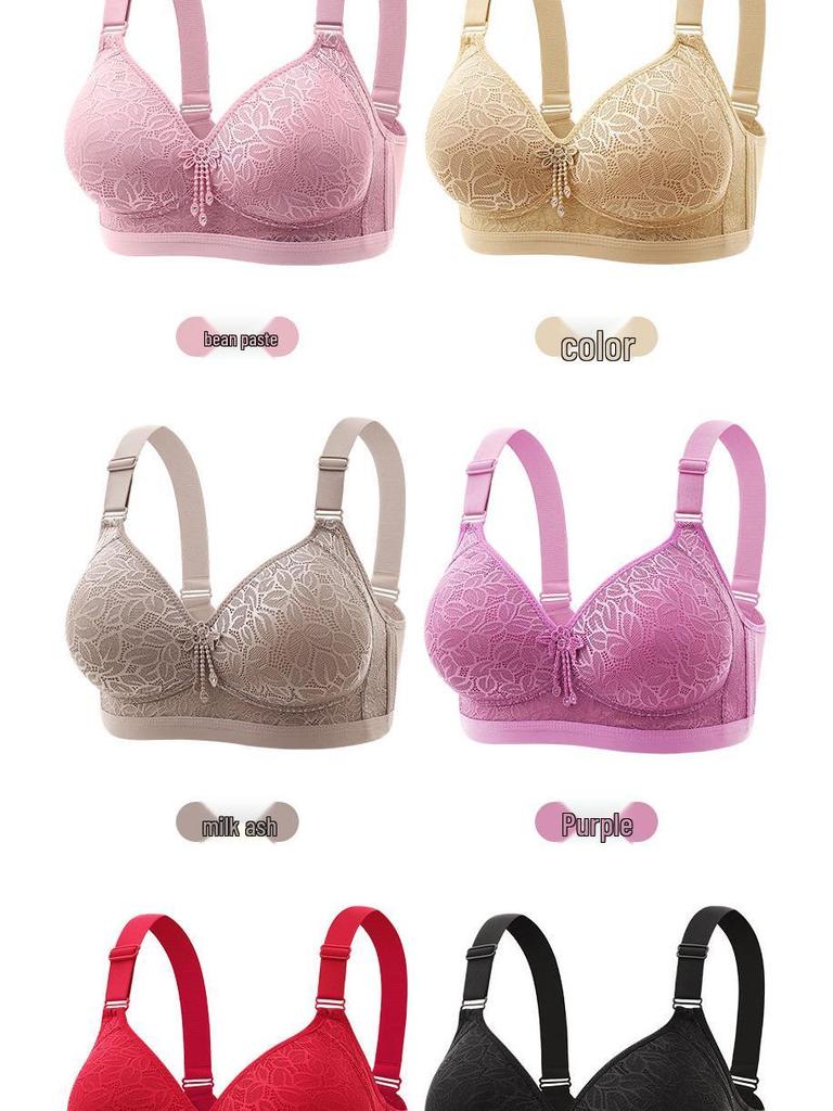 Популярный кружевной бюстгальтер на косточках для женщин среднего возраста больших размеров - Фиксированная чашка, застежка на четыре ряда крючков и петель, тонкий хлопок, собирающая поддержка.