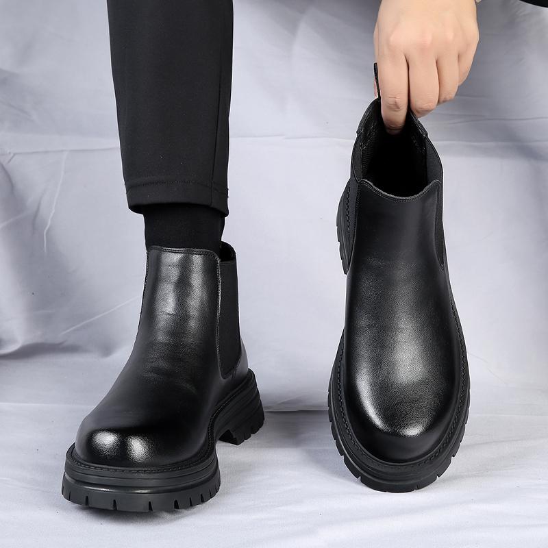 British Style Mens Leather Chelsea Boots Platform Ankle Boots Man Thick Bottom Motorcycle Footwear Punk Style Black Casual Shoes
