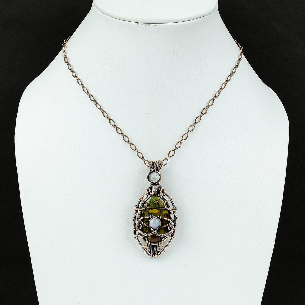 Медный кулон от сглаза, фруктовая яшма, медная проволочная обертка, кулон с радужным лунным камнем, уникальное ювелирное украшение от сглаза, подвеска ручной работы из драгоценного камня