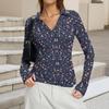 Женская Мода Повседневный Принт V-образный Вырез Длинный Рукав Застежка на Пуговицы Топ