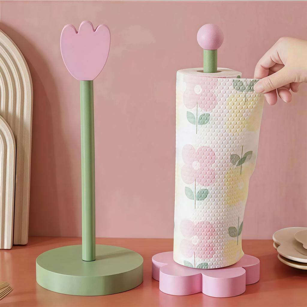 Tulip Wood Paper Towel Holder Kitchen Roll Paper Towel Holder Bathroom Tissue Vertical Stand Paper Towel Storage Holder