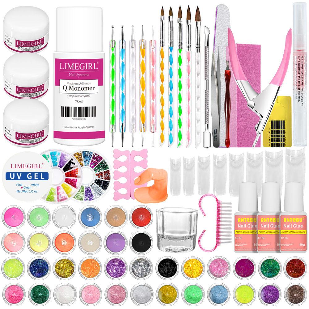 Acrylic Powder Nail Art Kit Full Set 42 Colors Glitter Nail Clipper Tool Home Manicure Set