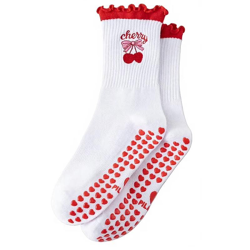 Trendy Women's Professional Anti-Slip Cotton Yoga Pilates Fitness Mid-Calf Athletic Socks with Embroidery