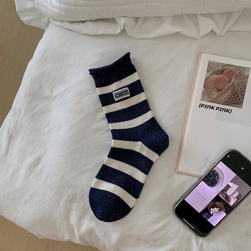 Женские весенне-осенние милые носки-трубы из пряжи с полосками, кружевом и тканой этикеткой с буквой, бесшовные, махровые