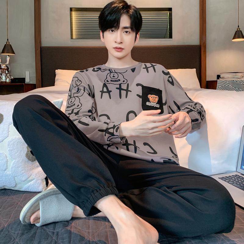 Весна и осень мужская пижама прическа подростковая с длинными рукавами свободная повседневная пижама домашняя одежда студенческий костюм большого размера