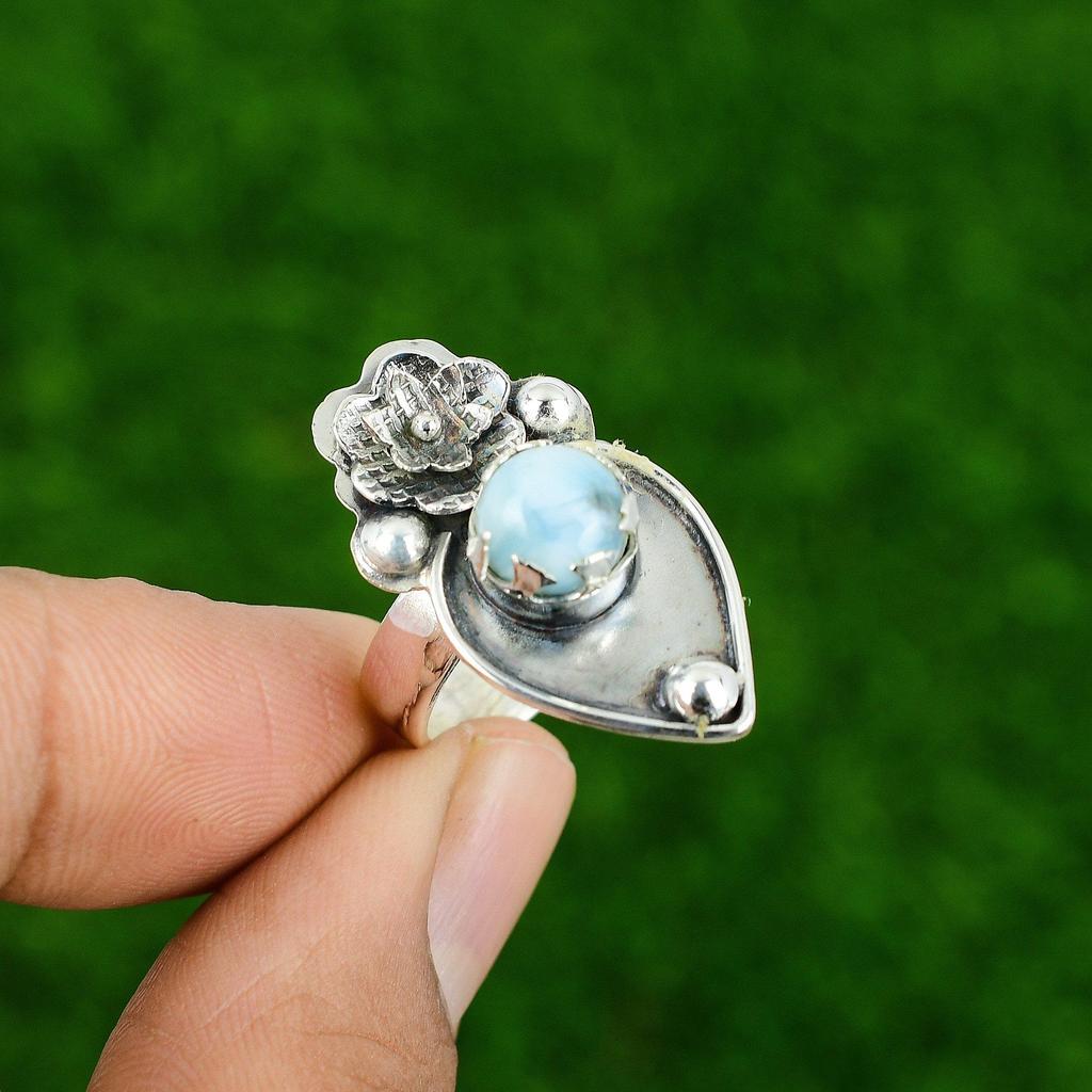 Natural Larimar Gemstone Multi Stone Flower Adjustable Ring 925 Silver For Women