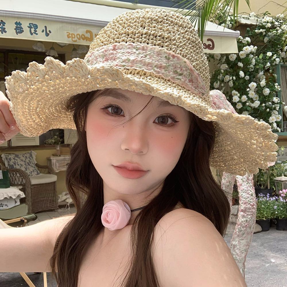 French Style Lace Straw Hat Spring Summer Women's Sun Hat Elegant Bow Ribbon Straw Hat  Outdoor