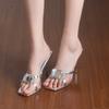 Silver Sugar Cube Rhinestone High Heel Cool Slippers One Word with Square Head High Heels Temperament Thin Heel Sandals Women
