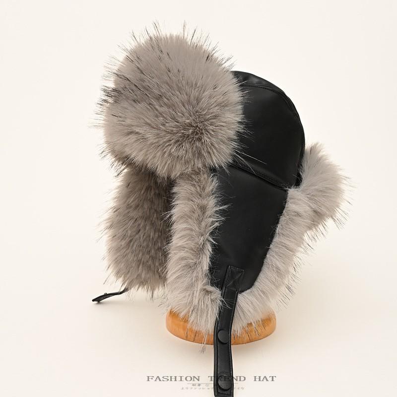 Mens Winter Warm Faux Fur Trimmed Leather Hat With Ear Protection Hooded Cap Outdoor Cold Weather
