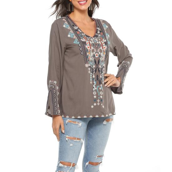 Женская рубашка в стиле бохо с вышитым цветочным узором, расклешенная, с длинным рукавом и V-образным вырезом