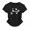 New American front shoulder pinch waist fold slim fit short sleeve T-shirt butterfly print high-end top women
