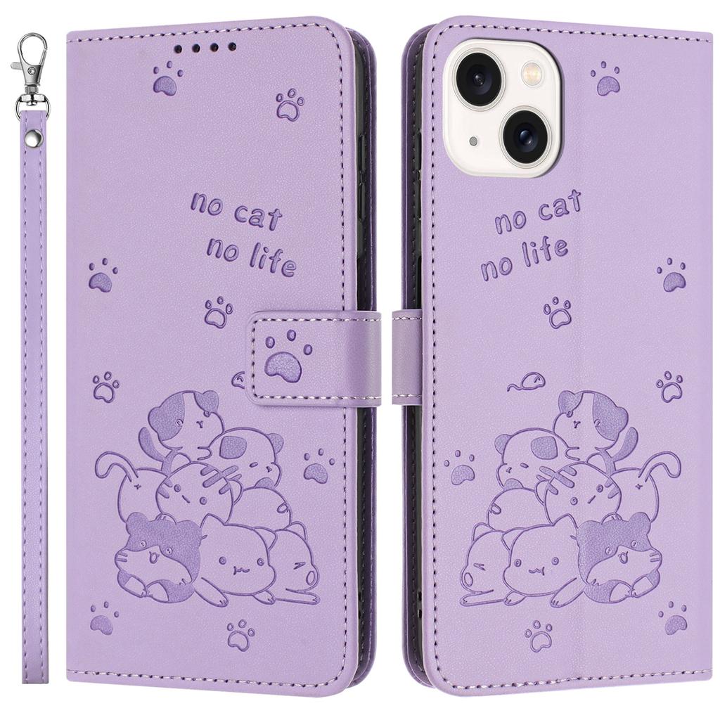 For iPhone 15 Case with Strap Cats Imprint Leather Wallet Phone Cover