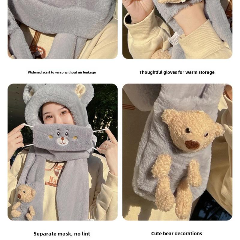 Зимняя плюшевая шапка, женская велосипедная шапка, защищающая от холода, милый шарф с капюшоном в виде медведя, трехкомпонентная ветрозащитная шапка для защиты ушей