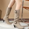 New Style Round Toe Pin Buckle Fashion High Heel Mid-calf Boots Comfortable Side Zipper Solid Color Simple Winter Women's Shoes