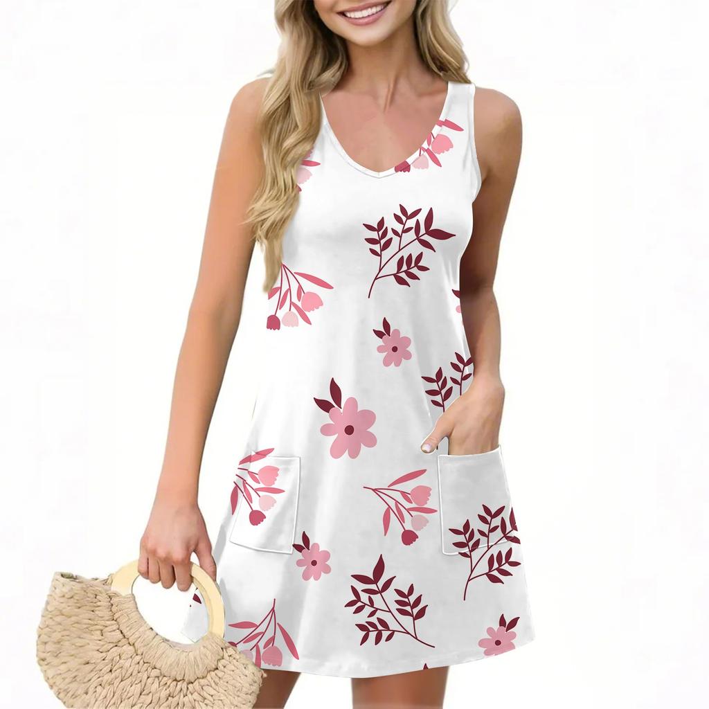 Женское повседневное летнее платье-жилет с карманами, цветочным принтом, V-образным вырезом, без рукавов