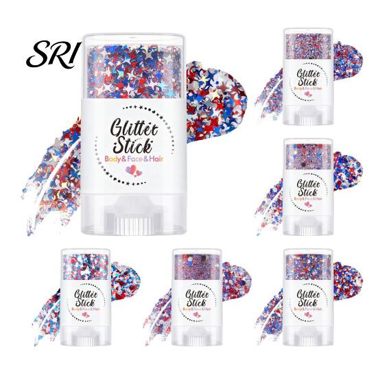 Women Makeup Stick Independence Day Body Glitter Stick, Patriotic USA Flag Face Hair Accessories, Sparkling Red White Blue for 4th of July