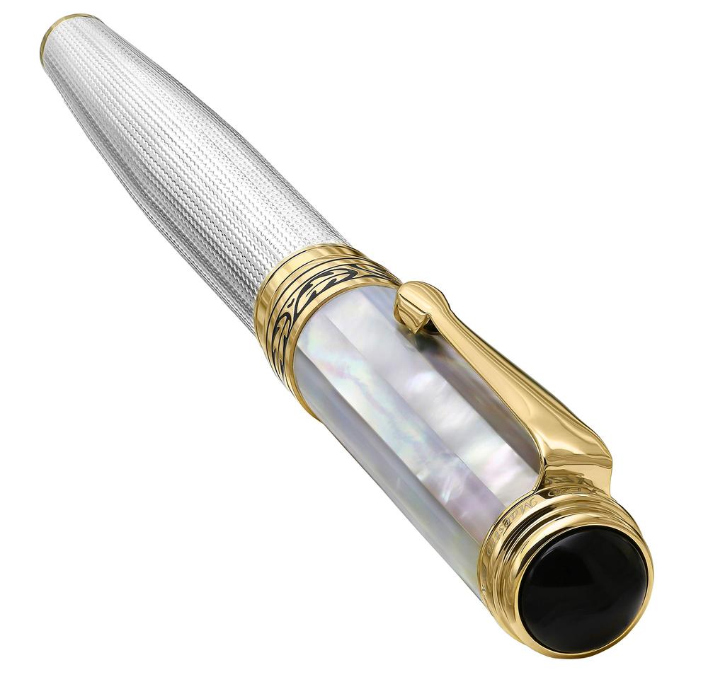 Handcrafted Xezo Maestro Solid 925 Sterling Silver and Pearl Serialized Medium Fountain Pen with Marine Origin White Mother of 18K Gold Inheritance