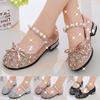 Summer Crystal Shining Sequins Pearls Shoes Kids Girl Princess Soft Elegant Children's Party Shoes Heels Toddler Dancing Teenager Cute Bow Sandals