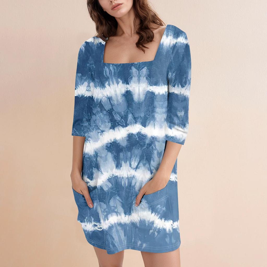 Женское модное повседневное короткое платье с квадратным вырезом и рукавом 3/4