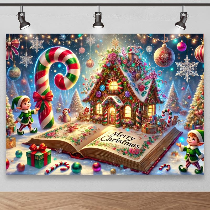 Charming gingerbread house Christmas background with candy canes and trees - polyester fiber photography background festive