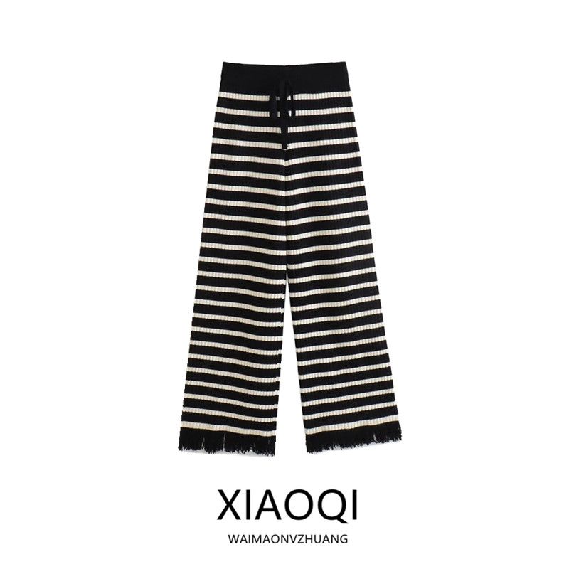 Fashion Wind New Fall Women's Clothing Stripes Contrast Color Straight-leg Fringed Burr Knitting Wool Pants 4 Colors