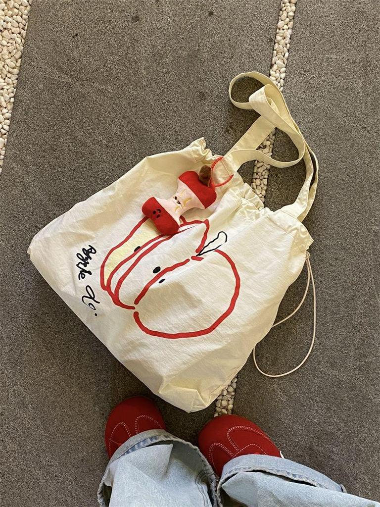 Apple Canvas Drawstring Shoulder Bag: Lightweight, Versatile, Large Capacity Tote for Students
