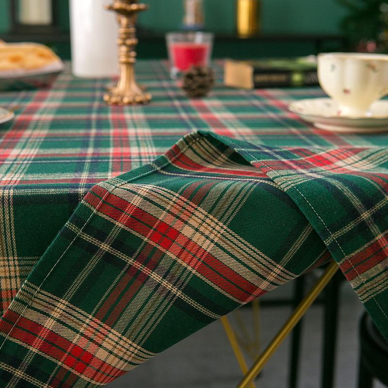 Christmas Plaid Linen Tablecloth Tea Table Cover Vintage American Decorative Fabric