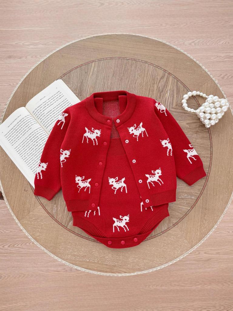 Комплект вязаного жаккардового ромпера и кардигана с оленями для младенцев, для мальчиков и девочек - Осень/Зима