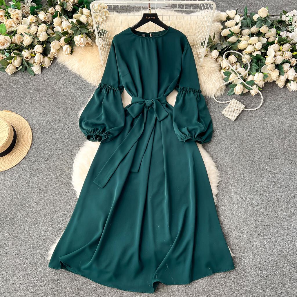 Женские винтажные милые платья средней длины с высокой талией А-силуэта с круглым вырезом и рукавами-фонариками на шнуровке Vestidos весна-лето Женское платье