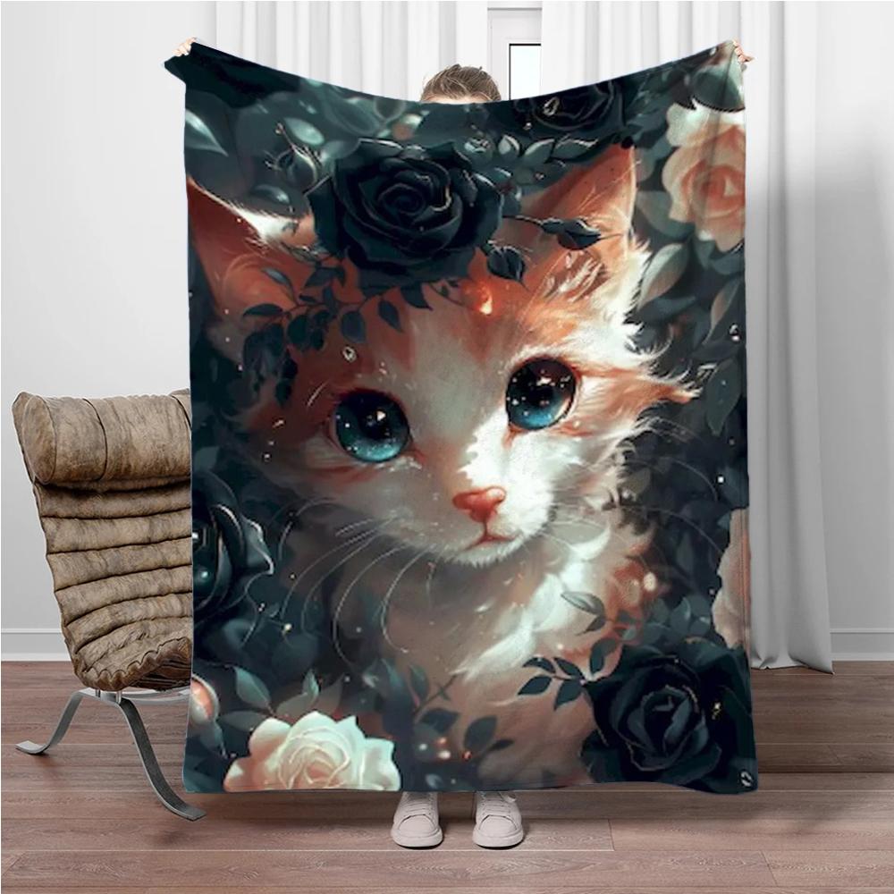 8 Size Colorful Cat Flannel Throw Blanket,Soft Throw Blanket for Home Bedroom Bed Sofa Picnic Travel Office Cover Child Gift
