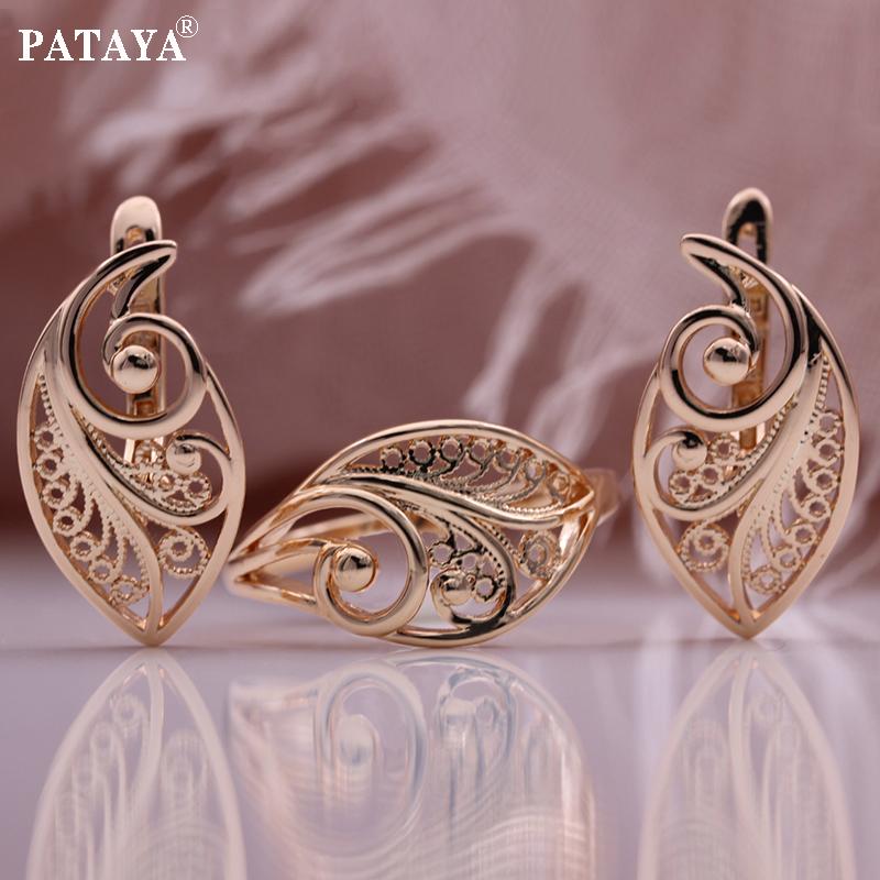PATAYA Hollow Geometric Line Type Earrings Rose Gold Color Vintage Classic Antique Classical Earring Ring Combination Set