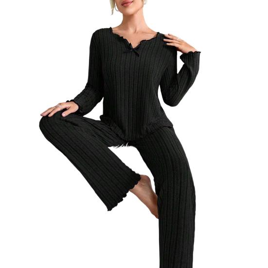 2 шт./комплект весенний женский топ и брюки костюм с длинными рукавами V-образный вырез бант сборка декор топ эластичная талия нитки брюки наряд домашняя одежда пижама комплект