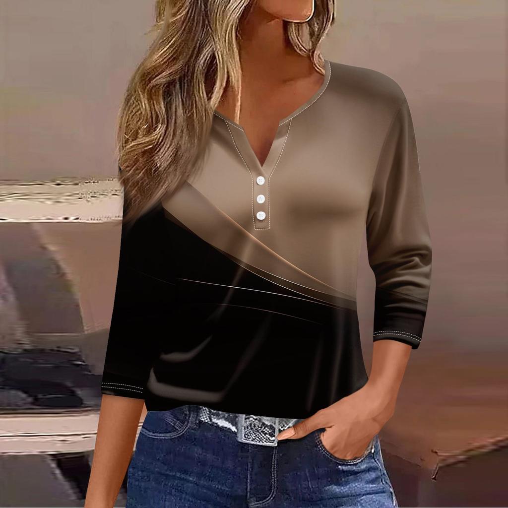 Жен. Футболка Футболка С принтом Пуговицы Рукав 3/4 Повседневные Выходные Мода Классический V-образный вырез Обычный Топ