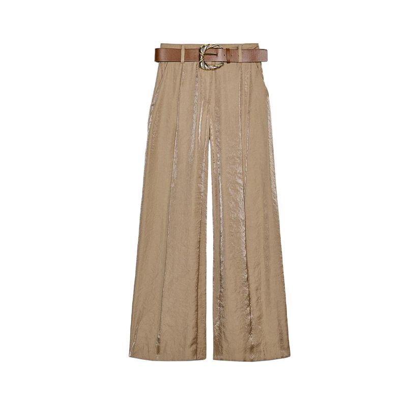 Summer Women's Pleated Decoration High Waist Vertical Matching Belt Silk Satin Texture Wide-Leg Casual Pants 3533556