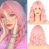 14inches Cosplay Wig Synthetic Fiber Wave Bob Wigs with Bangs Natural Hairline Purple Pink Blue Wigs for Women