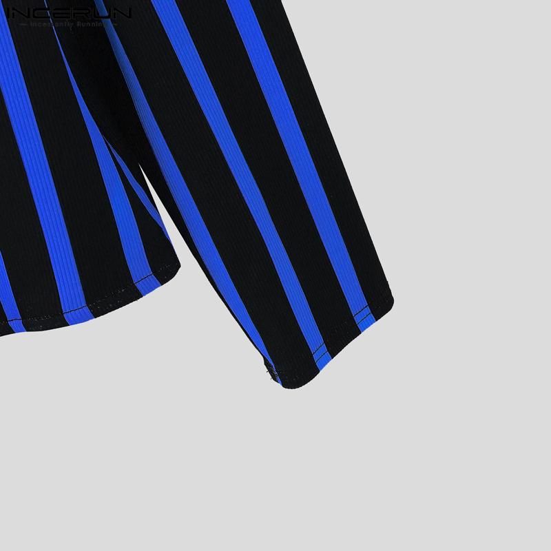 INCERUN Autumn Men's High Neck Long Sleeve Patchwork Striped Irregular Casual T-shirts Undershirts