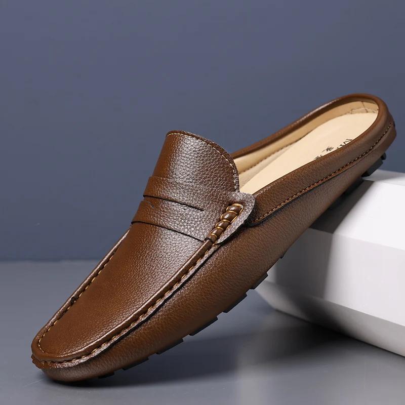 Men's Summer Genuine Leather Loafers Soft Comfortable Flat Casual Slip On Shoes Breathable Half Slippers