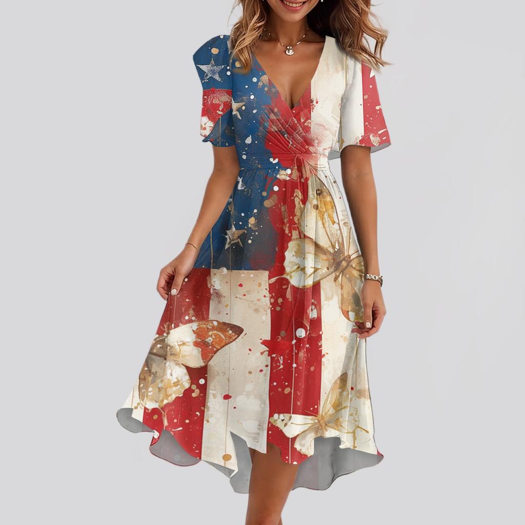 Women's Loose Casual V-Neck Flared Skirt Short Sleeved Printed Dress Printed Dress