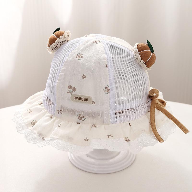 Baby Girl Summer Breathable Mesh Bucket Hat 5-18 Months Lace Trim Pumpkin Decor Sun Protection Cap