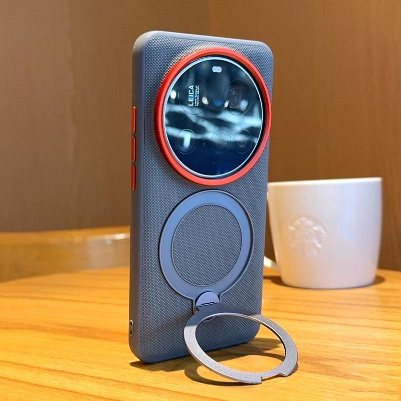 Для Xiaomi 15 14 Ultra Чехол Магнитный Металлический Держатель-подставка с вращением на 360° Сетчатый рисунок Кожа Хороший захват Мягкая задняя крышка