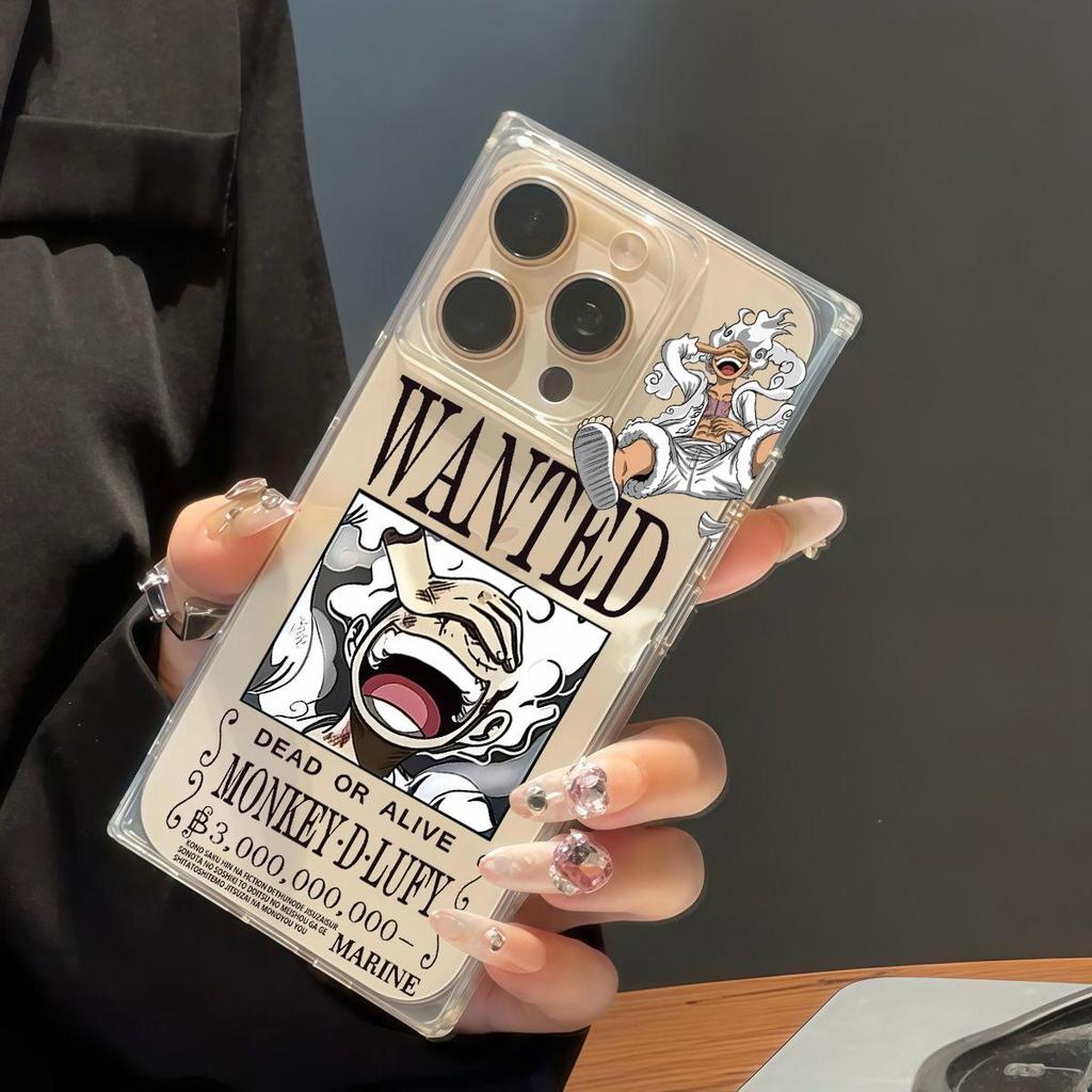 Прозрачный квадратный чехол-бампер для iPhone 13 14 Pro Max 15 Plus 11 16 ProMax 12, защита от окисления, с рисунком плаката о розыске Луффи