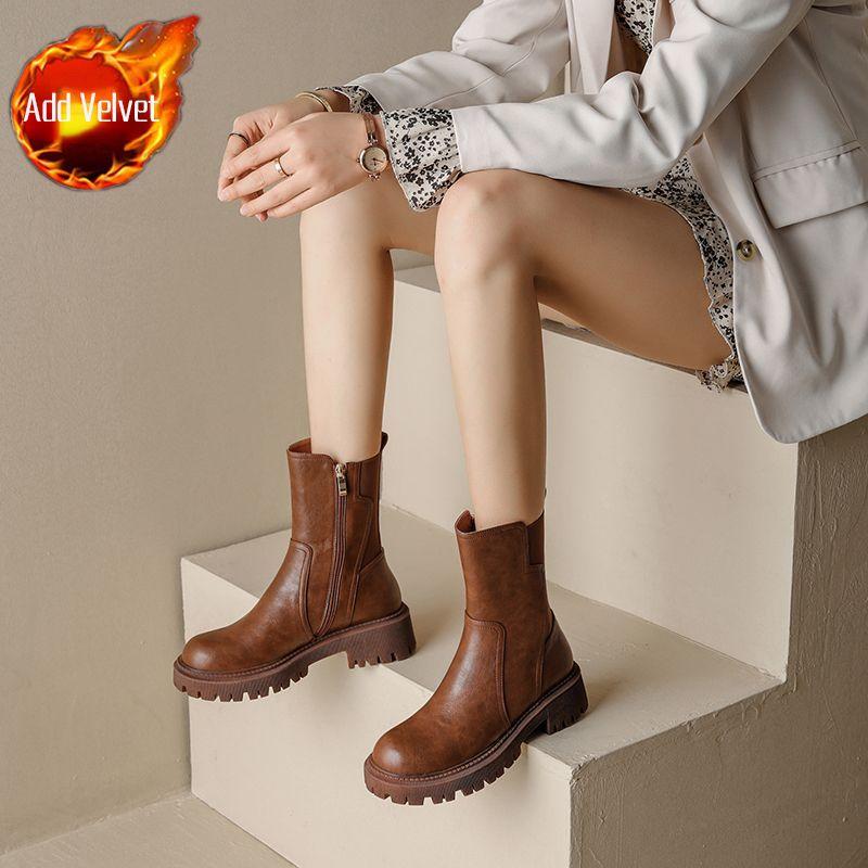 Модные туфли до середины голени женские коричневые сапоги на среднем каблуке с круглым носком полувысокие сапоги для женщин из кожи зима 2024 новинка горячая обувь новый рок pu