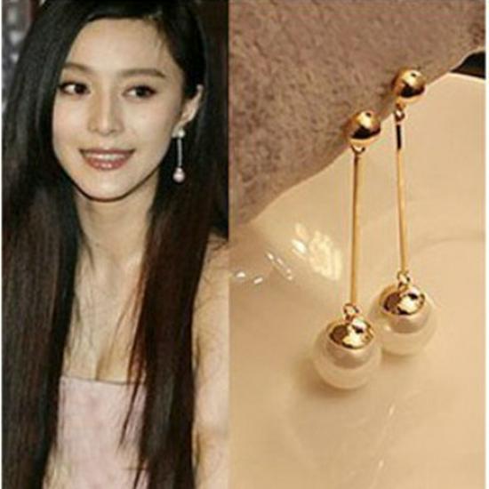 E720 Gold-Plated Long Pearl Earrings - Korean OL Style