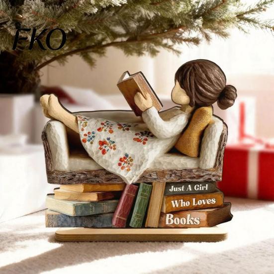 Environmentally Friendly Plywood Ornament Woman Reading Book Wooden Plaque, Just A Girl/Boys Who Loves Statue for Custom Plaque Shelf Desk,