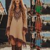 Bohemian Embroidered V-Neck Dress with Fringe Detail, Three-Quarter Sleeve, Ethnic Floral Print, Casual Festival Wear
