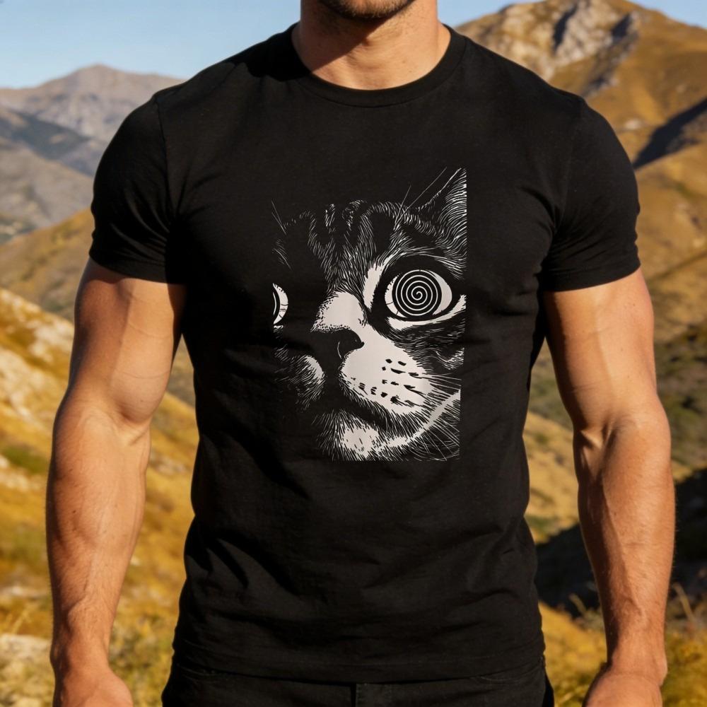 Hypno Cat Spiral Eyes Graphic T Shirt Men Cotton Funny Cat Lover Short Sleeve Tee Psychedelic Meme Casual Outdoor Daily Outfit