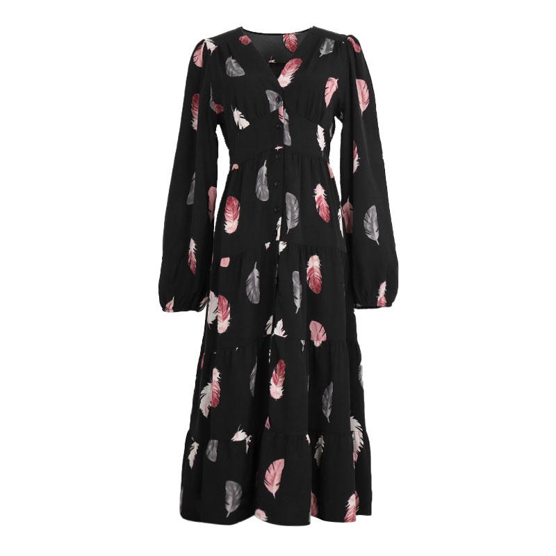 Casual Print Single Breasted Spring Summer Dress Short Sleeve V Neck High Waist Medium Long