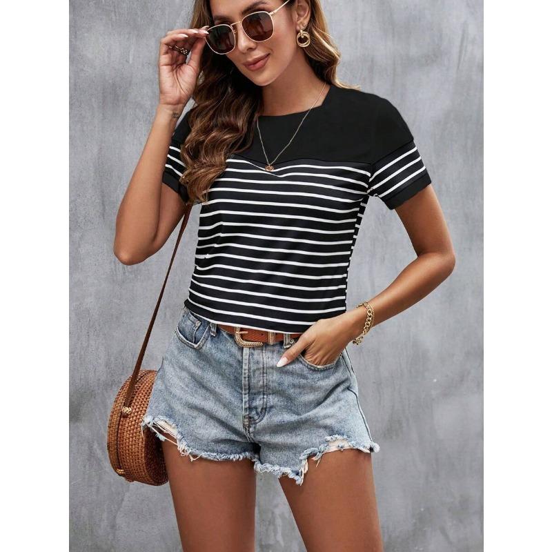 Trendy Women's Round Neck T-Shirt Summer Outdoor Fashion Short Sleeve Tops OverSize Loose Women's Clothing Striped Printed Style