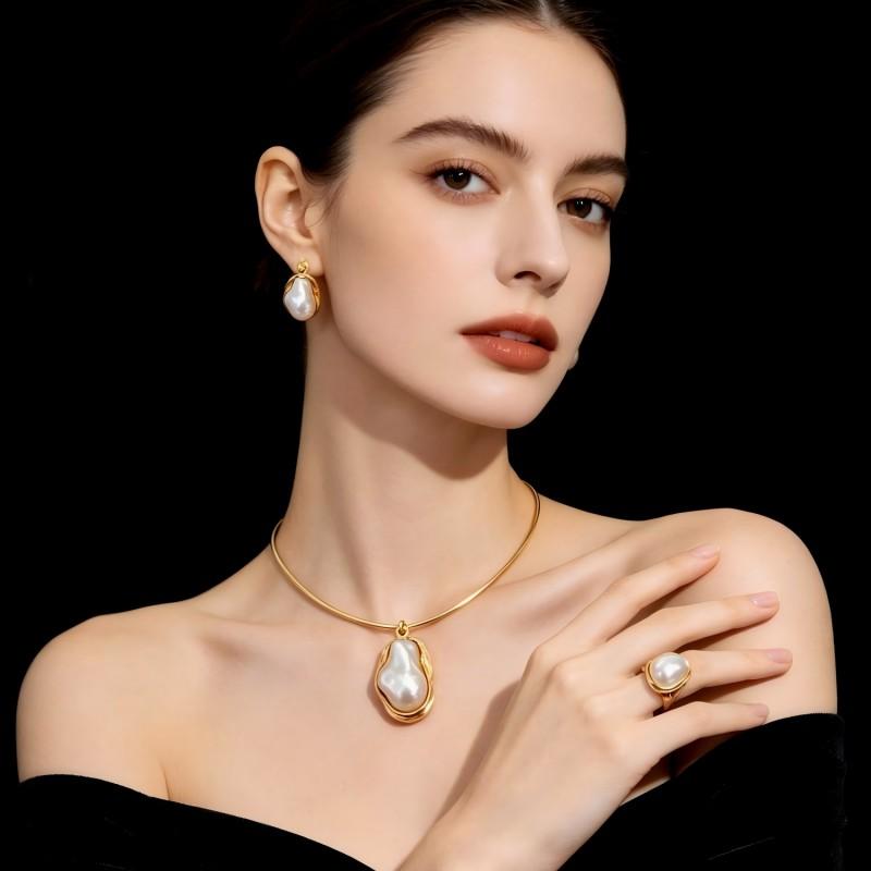 Elegant Asymmetrical Pearl Jewelry Set Women Vintage Chic Necklace Earrings Ring Combo Alloy Chain Floral Design